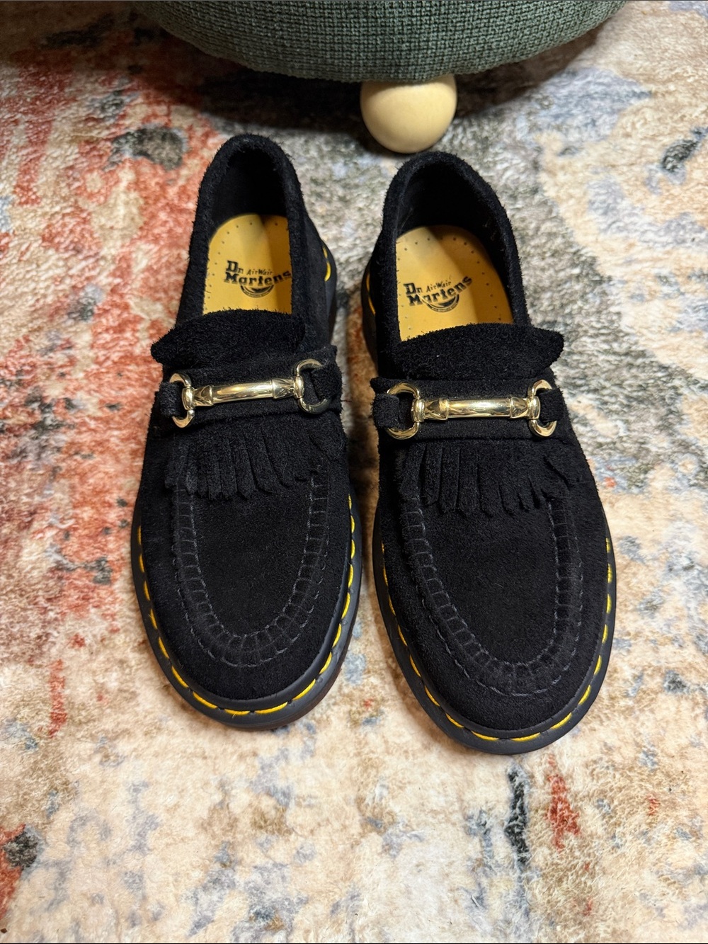 Dr. Martens Adrian Snaffle Black Suede Horsebit Loafers with Yellow Stitching